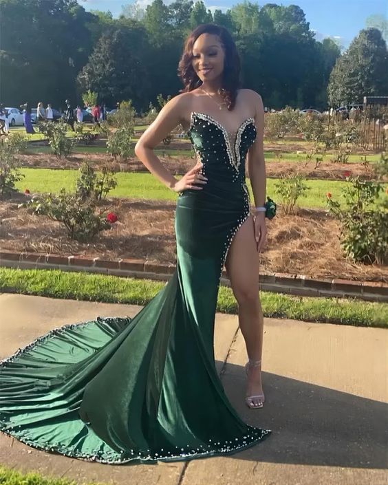 Green Velvet Prom Dresses African Mermaid Evening Dress With Slit fg4128