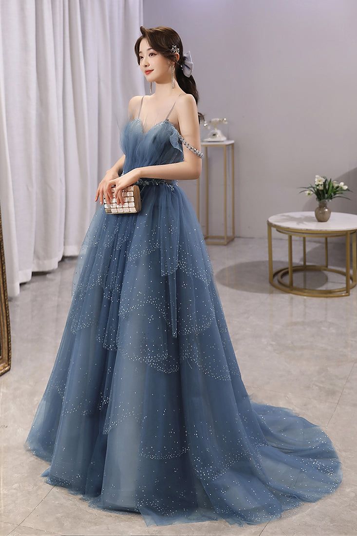 Blue Gorgeous Spaghetti Straps Tiered Tulle Prom Dress, Sparkly Dress formalgowns Blue Gorgeous Spaghetti Straps Tiered Tulle Prom Dress, Sparkly Dress formalgowns