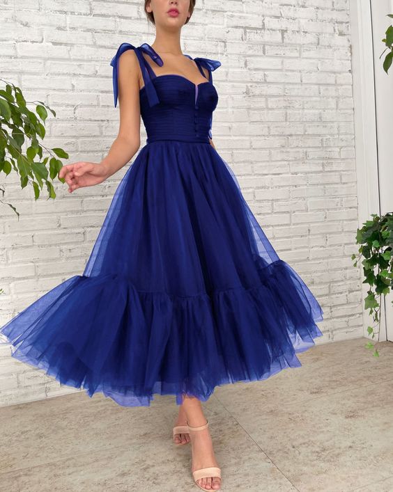 Robe de bal simple en tulle bleu, robe de soirée en tulle bleu fg3404