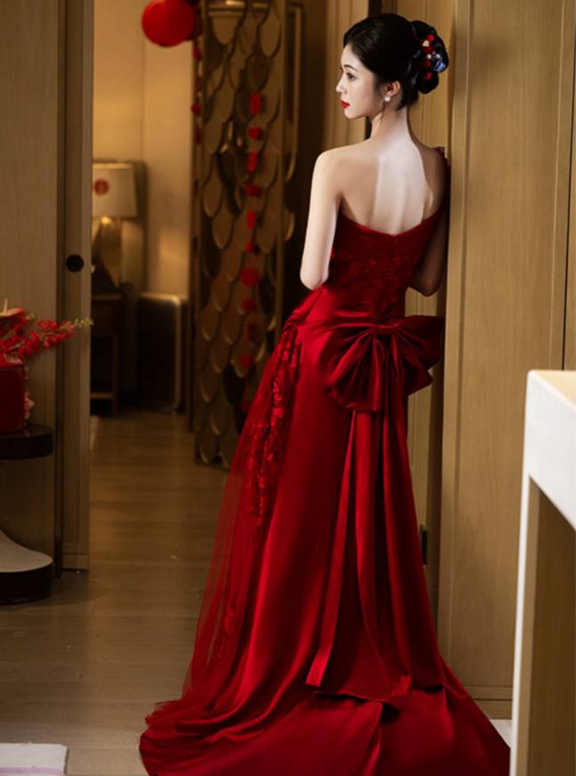 Burgundy Mermaid Long Formal Dress Satin Lace Evening Dresses fg7670