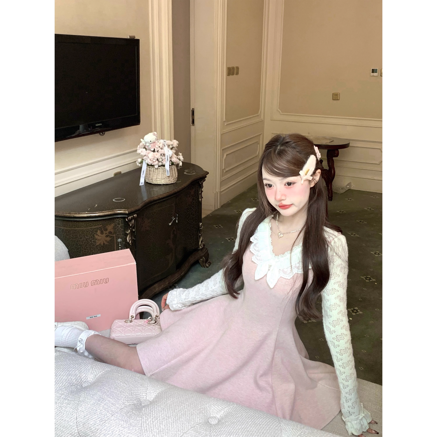 Pink Sweet Lace Fur Collar Knit Dress Winter Long Sleeve Short Skirt A16