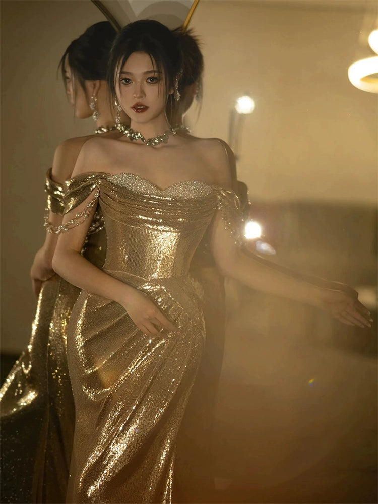 Mermaid Gold Long Prom Dress Sexy Off Shoulder Evening Dresses fg7664