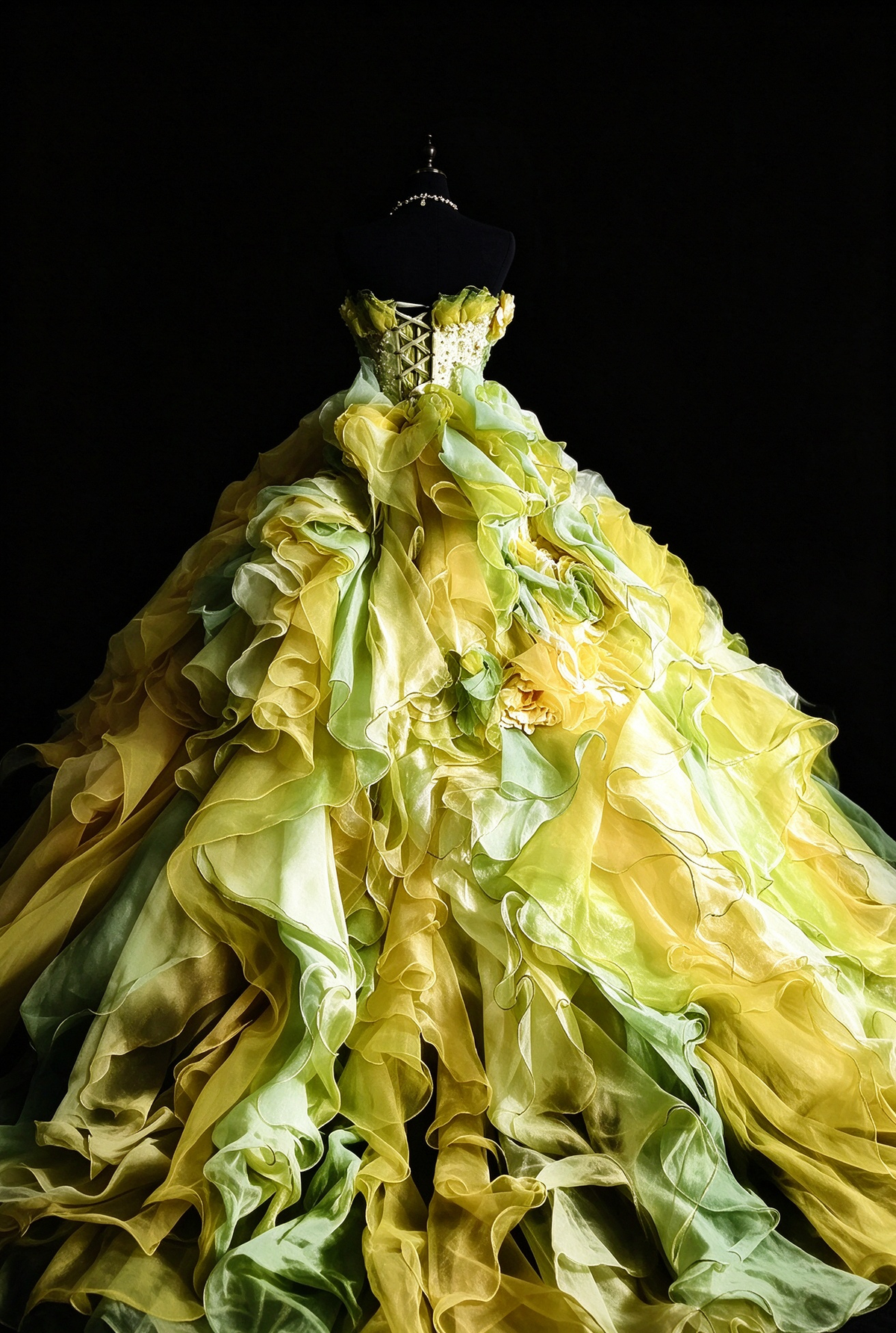One Shoulder Yellow-Green Ruffled Organza Ball Gown with 3D Florals & Beaded Bodice fg8953