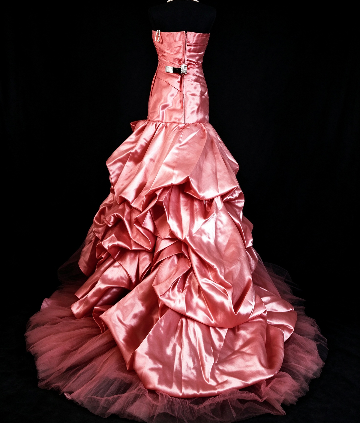 Strapless Blush Satin Mermaid Gown with Big Bow & Ruffled Skirt fg8954
