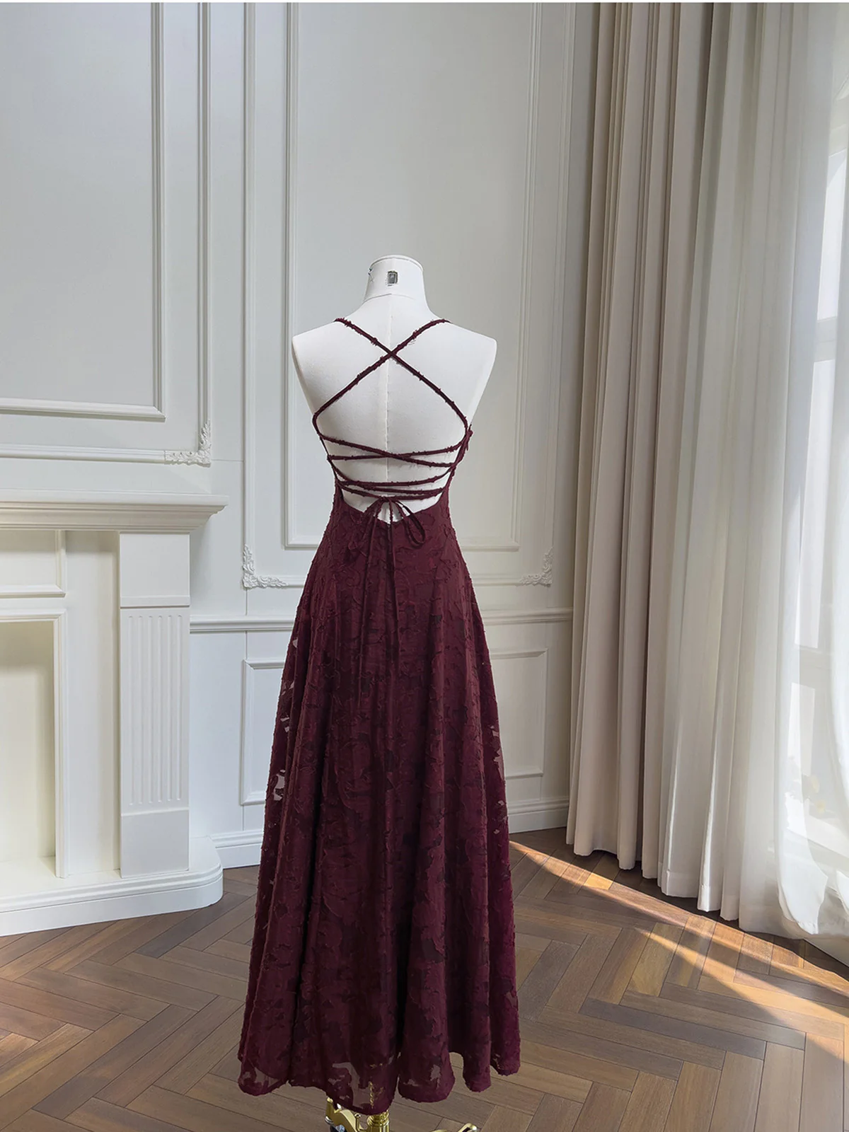 Wine Red Lace Cross Back Party Dress Prom Dress, Wine Red A-line Evening Dress fg8740
