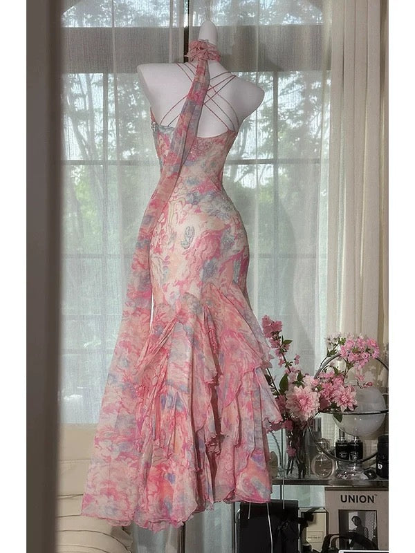 Sexy Spaghetti Straps Sleeveless Mermaid Pink Floral Chiffon Long Prom Dresses fg4946