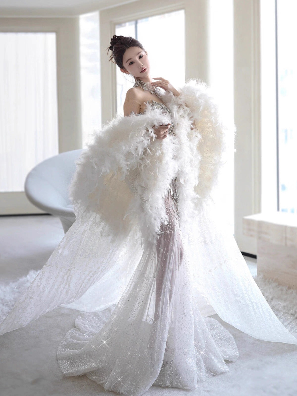 Robe de soirée longue sirène en tulle et perles, fg7547
