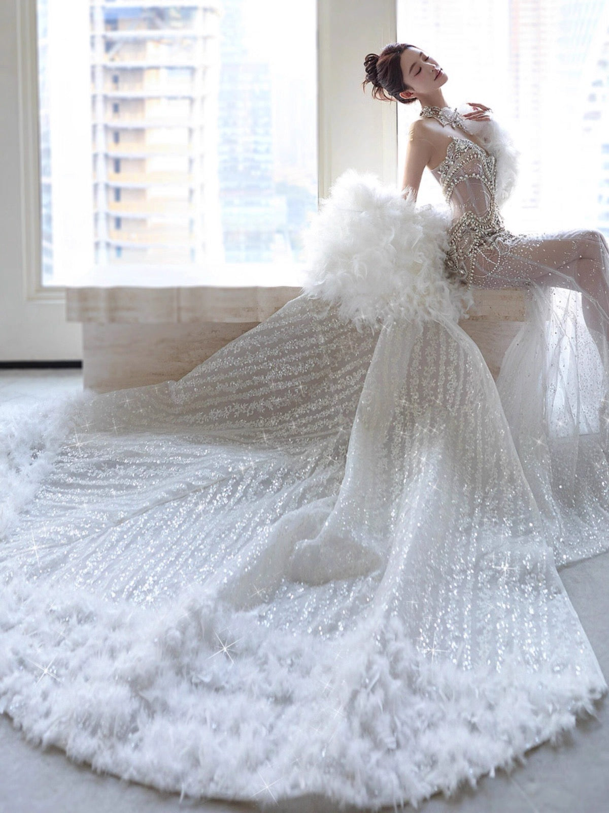Robe de soirée longue sirène en tulle et perles, fg7547