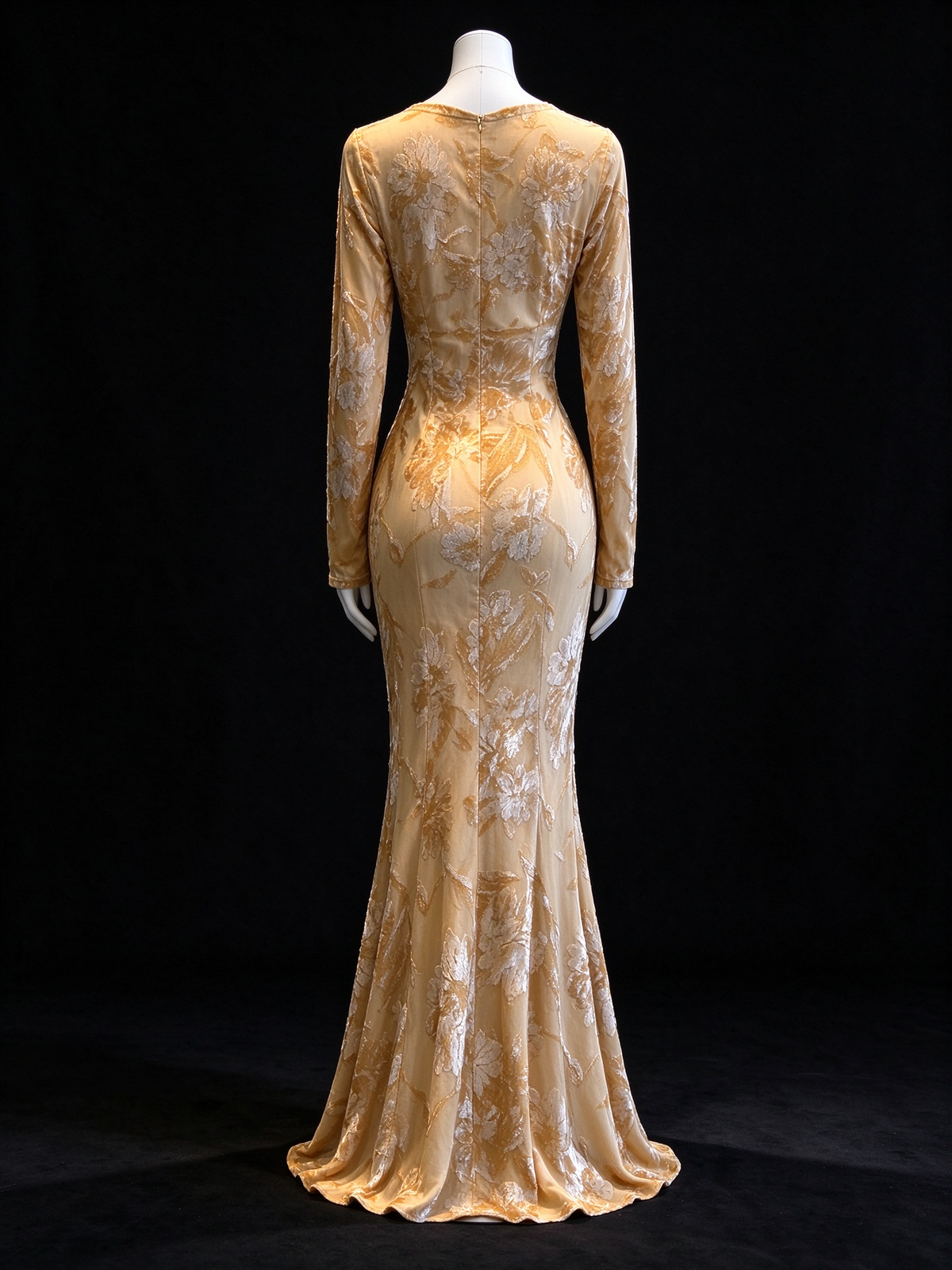 Champagne Floral Burnout Velvet Mermaid Evening Gown, V-Neck, Long Sleeve With Front Bow fg8988