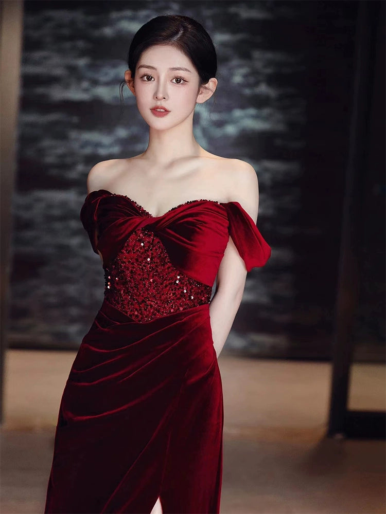Burgundy Velvet Mermaid Long Prom Dress Off Shoulder Evening Dresses With Slit fg7669