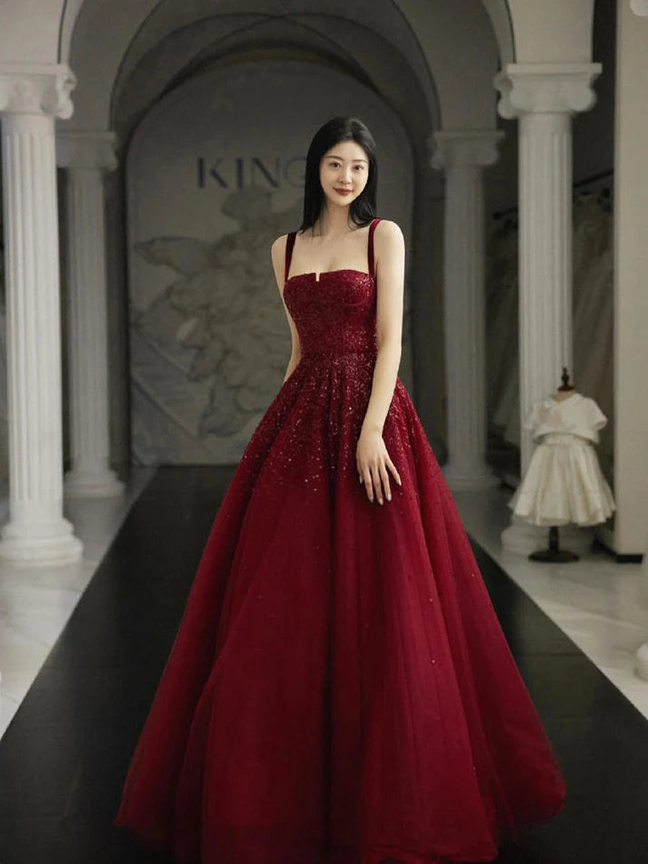 Burgundy Prom Dresses A line Straps Tulle Evening Dresses fg6734