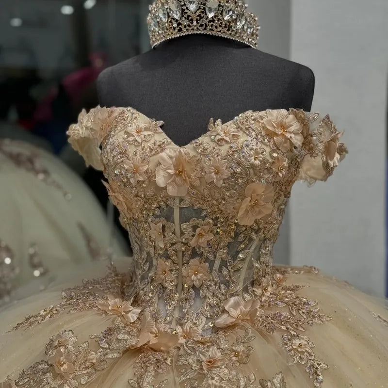 Champagner Off-the-Shoulder Ballkleid Applique Quinceanera Kleid mit Schleppe fg8023