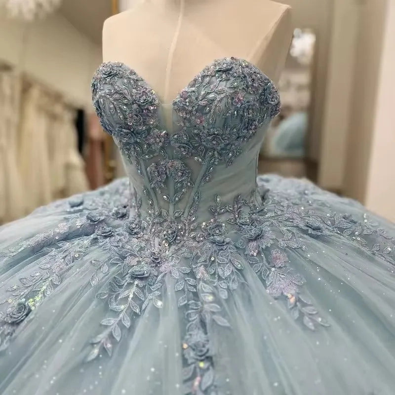 Sparkly Light Blue Quinceanera Dress Cape Flower Lace Vestidos de 15 Anos Birthday Party Princess Ball Gown fg7914