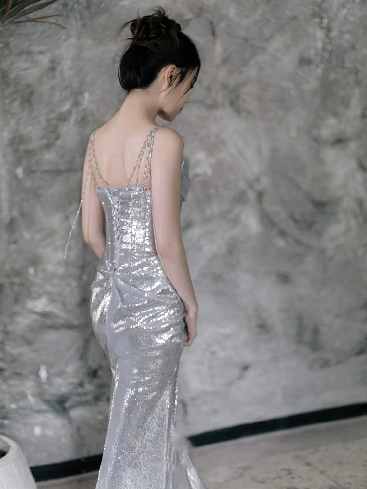 Silver Sequin Mermaid Long Prom Dress Sexy Evening Dresses fg7666