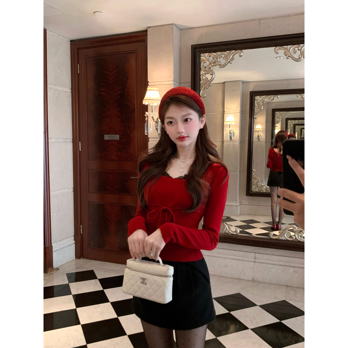 Lace Faux Two-Piece Wool Slim Fit Knit Top A44