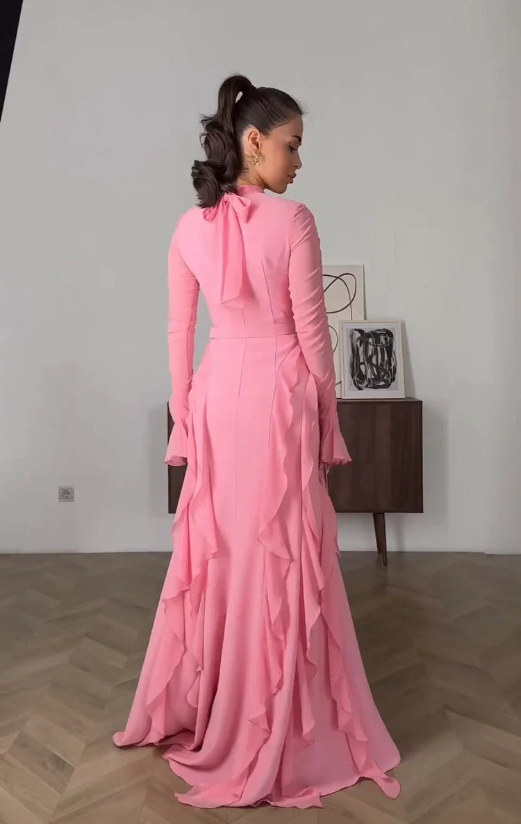 Robe longue décontractée en mousseline à volants pour femme, tenue de soirée fg7442