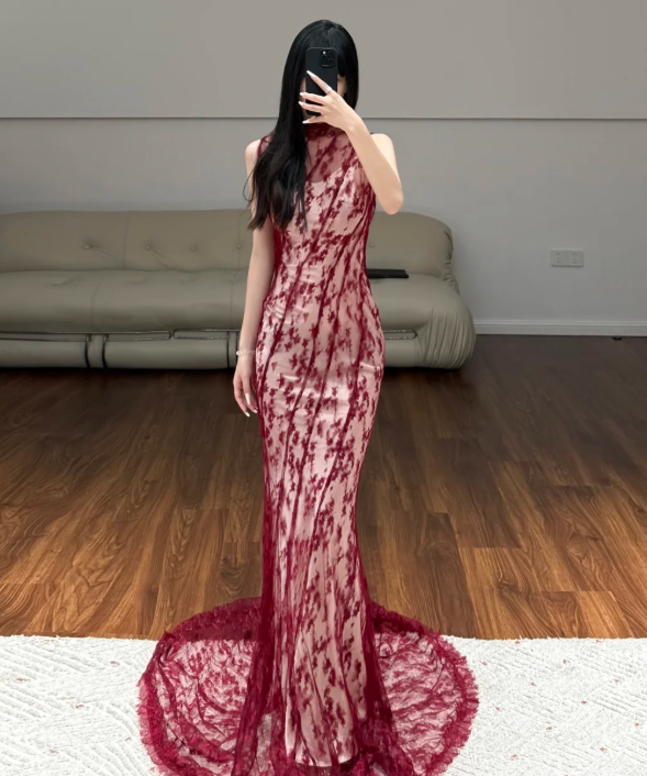 Burgundy Mermaid Prom Party Dress Sexy Evening Dress Birthday Outfit f – formalgowns