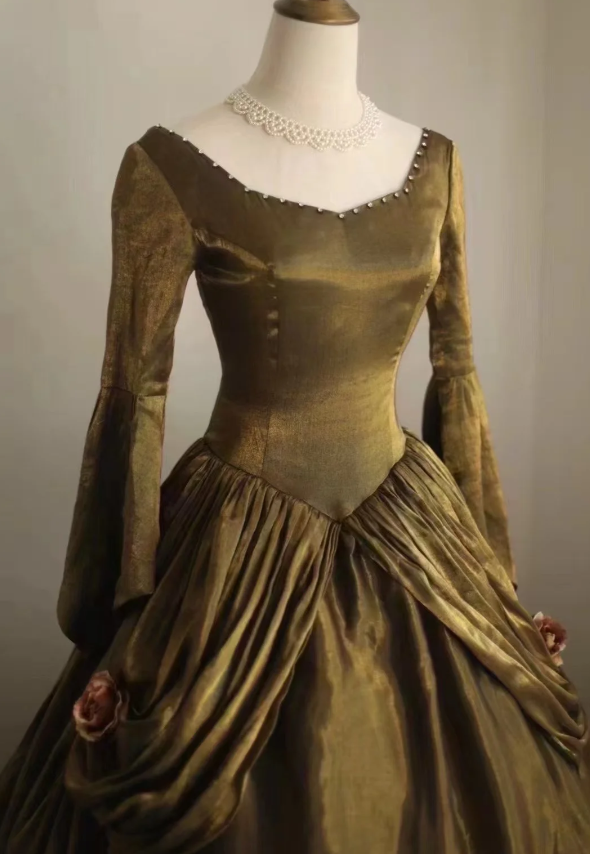 Robe de soirée en velours vert à manches longues, style rétro et élégant, fg8341