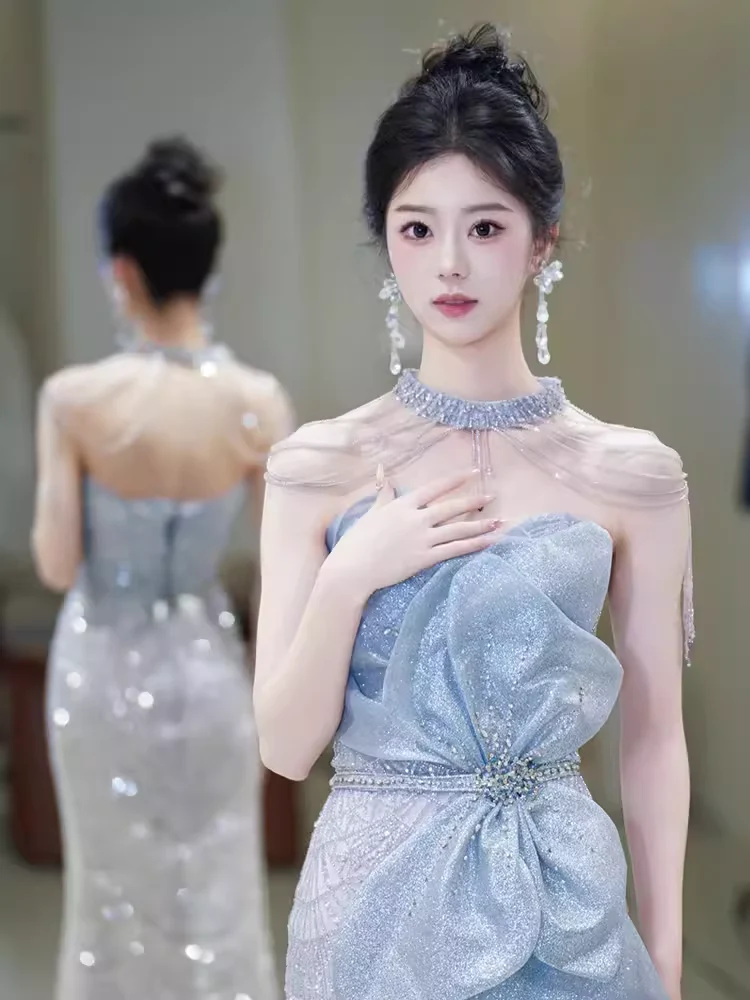 Mermaid High Neckline Sequin Long Evening Dress Beads Prom Dress fg8576