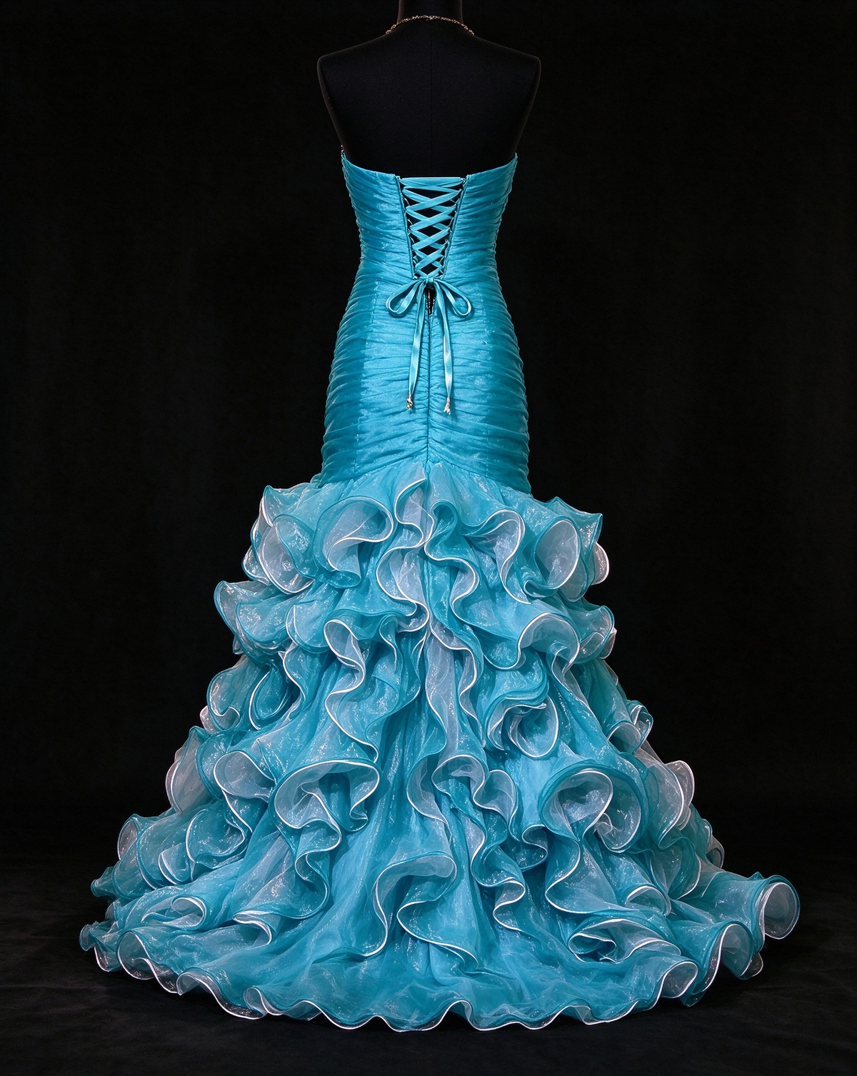 Sweetheart Turquoise Mermaid Gown with Rhinestone Bodice & Ruffled High-Low Skirt fg8959