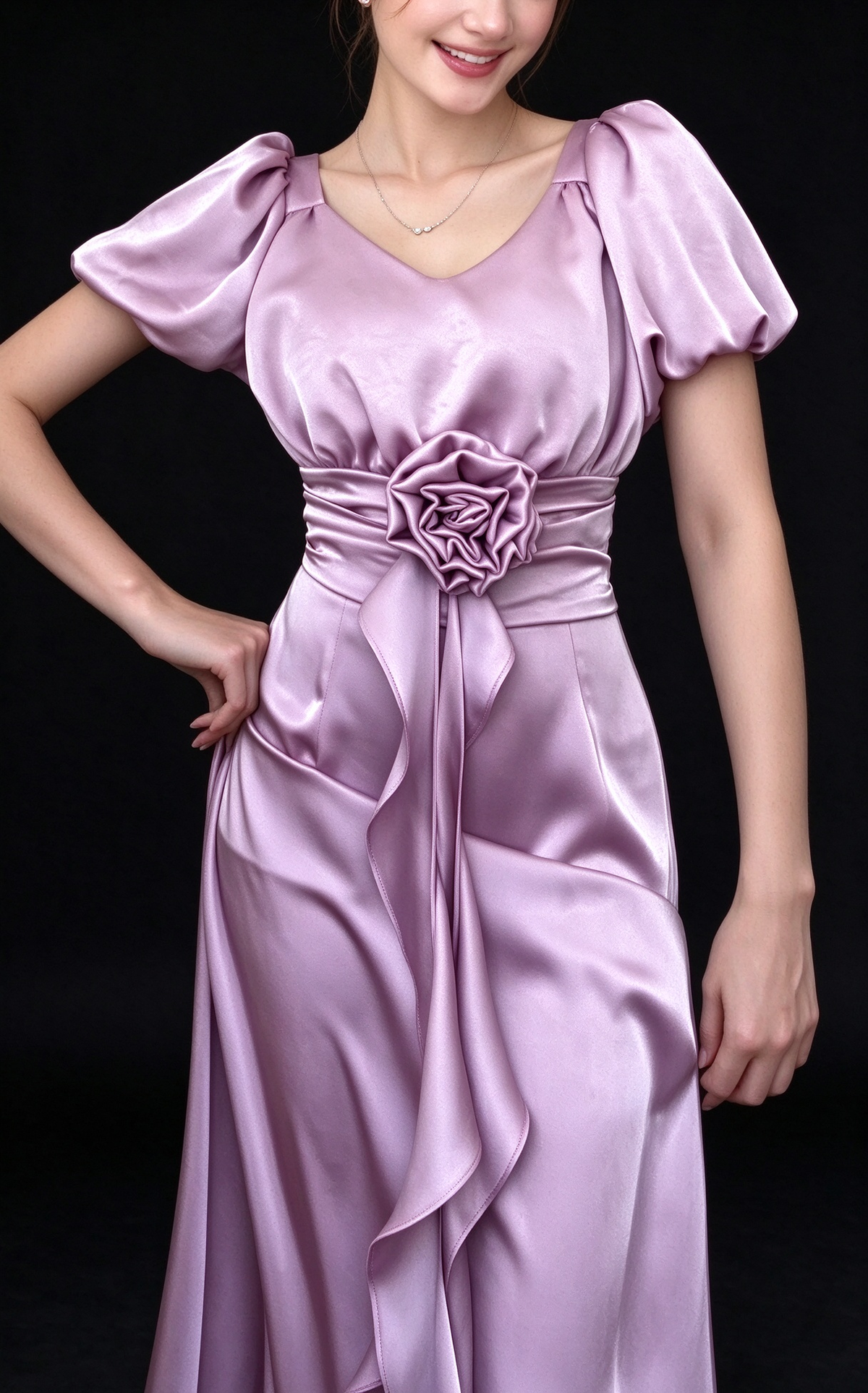 Dusty Purple Satin V-Neck Puff Sleeve 3D Flower Waist Long Evening Dress fg9015