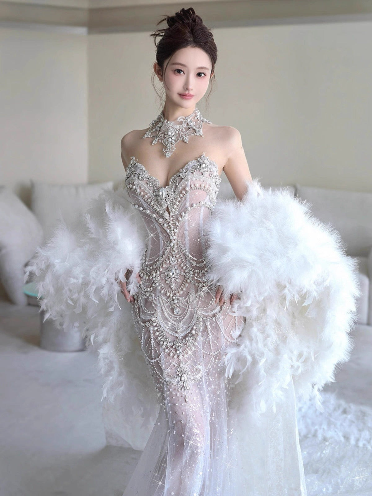 Robe de soirée longue sirène en tulle et perles, fg7547