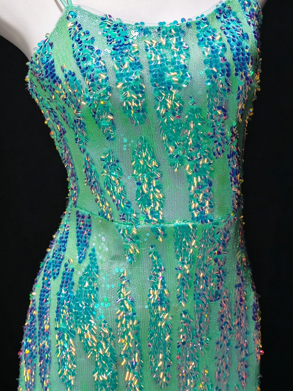Spaghetti Strap Sequin Mermaid Green Tulle Evening Dress, Formal Prom Gown fg8935