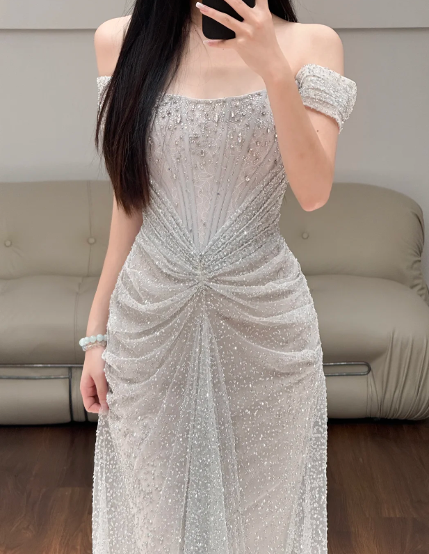 Off The Shoulder Silver Sequin Lace Prom Party Dress Evening Dress Birthday Dress fg8630