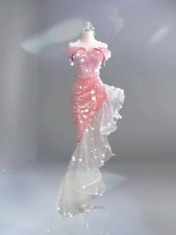 Schulterfreies, langes Ballkleid in Rosa, Abendkleid, Partykleid fg8325