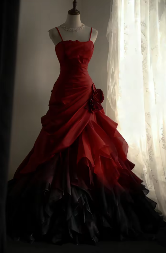 Burgunderrotes, schwarzes, langes Ballkleid mit Plissee, Abendkleid fg8330