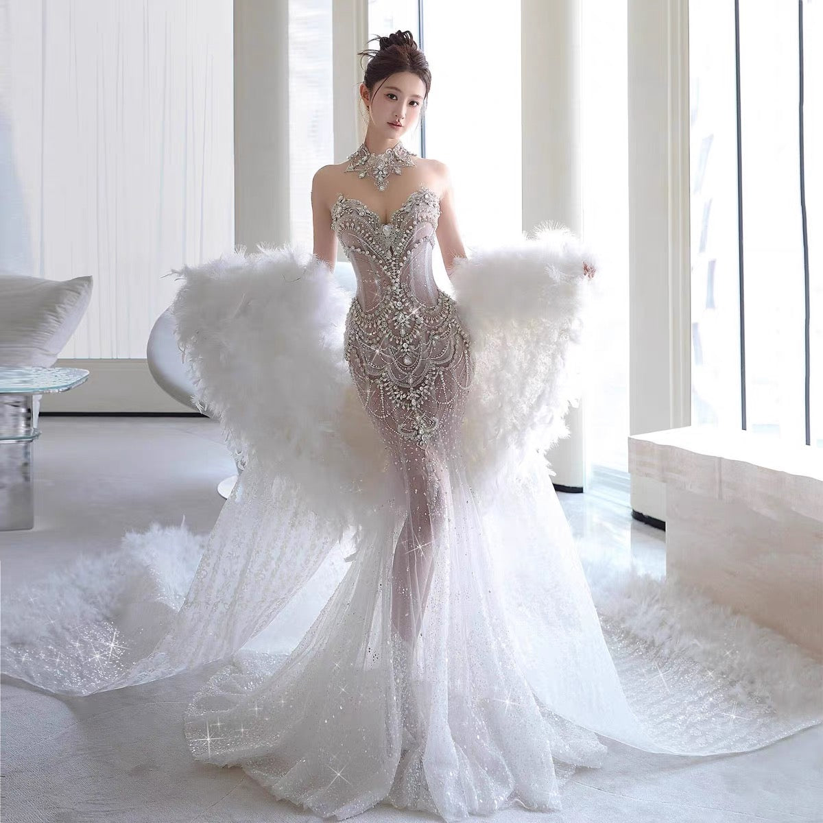 Robe de soirée longue sirène en tulle et perles, fg7547