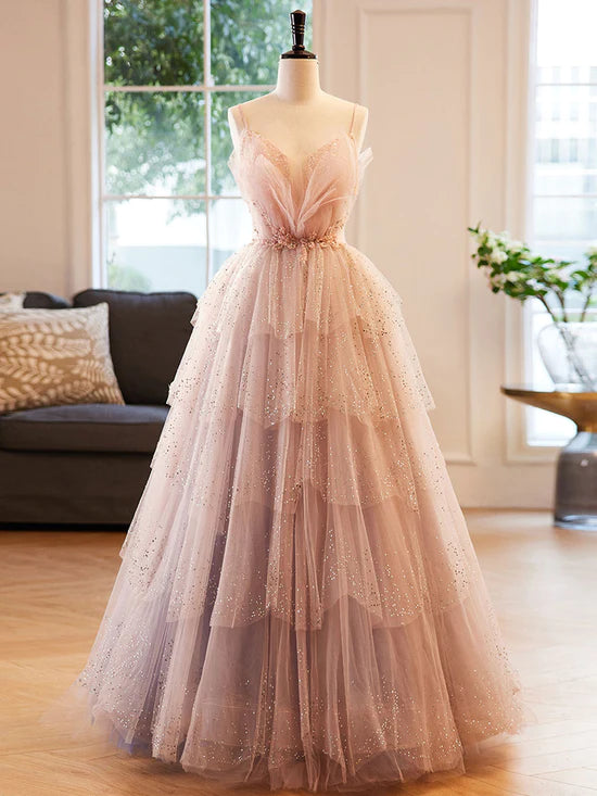 Champagner A-Linie Perlen Pailletten Langes Ballkleid, Champagner Abendkleid fg3415