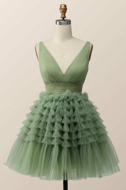 Robe de soirée trapèze en tulle vert empire, robe de soirée fg3727