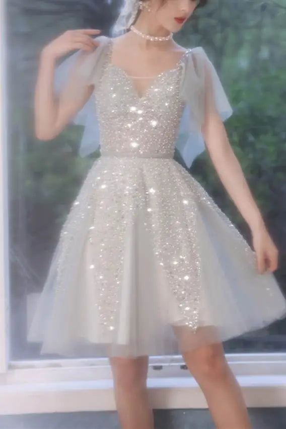 A-line Short Silver Homecoming Dress with Flutter Sleeves fg3735 formalgowns A-line Short Silver Homecoming Dress with Flutter Sleeves fg3735 formalgowns