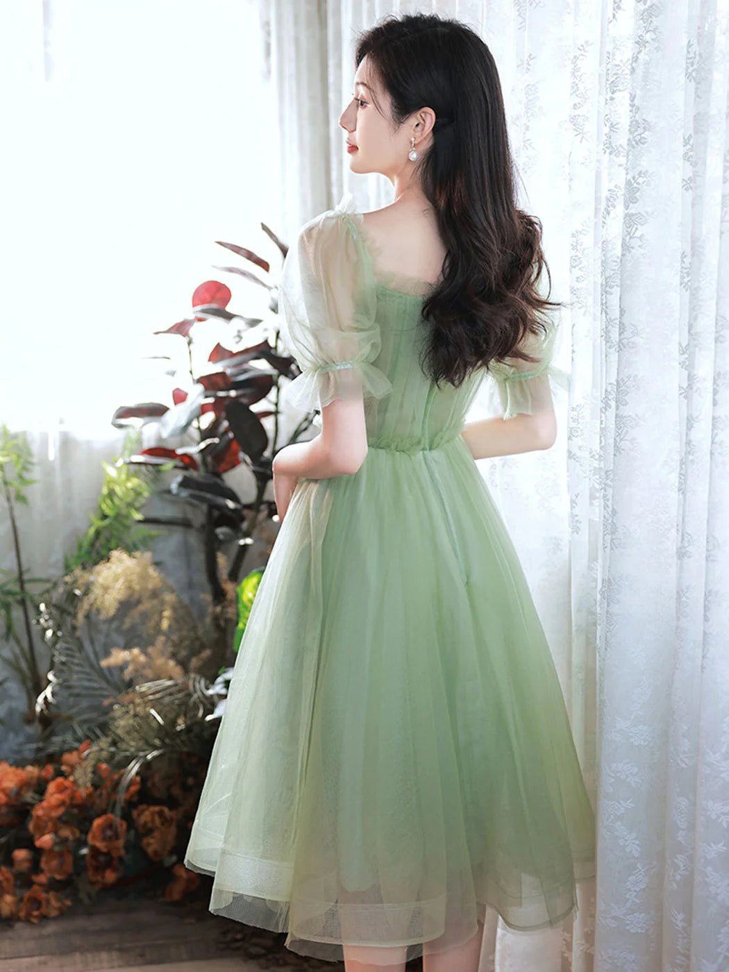 Robe de bal courte en tulle vert, robe de soirée verte fg3414