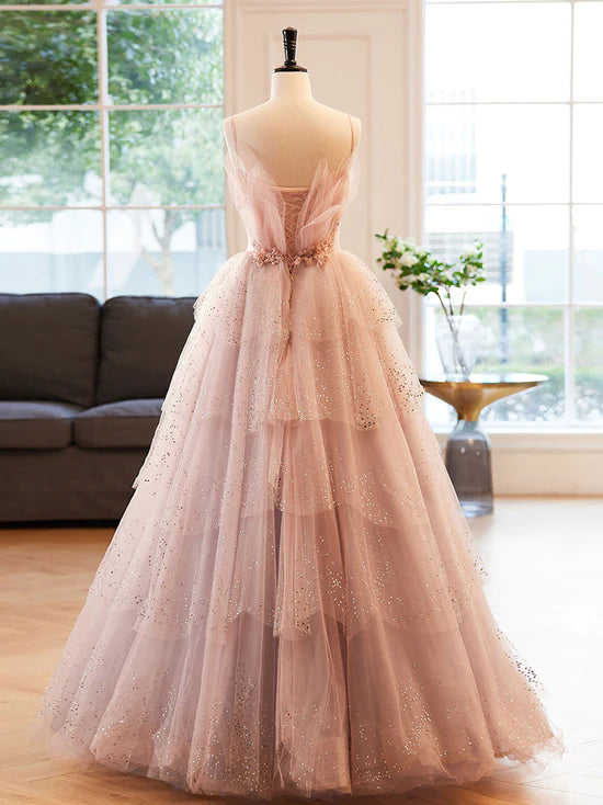 Champagner A-Linie Perlen Pailletten Langes Ballkleid, Champagner Abendkleid fg3415