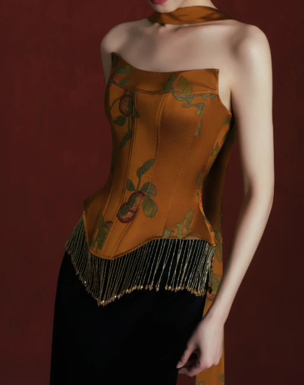 Strapless Printed Corset Top With Tassel & Scarf Mermaid Skirt Two-Piece Evening Gown fg8756