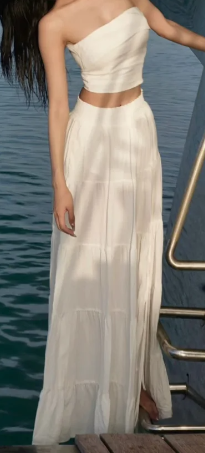 Strapless Two Piece Outfit, Tiered Maxi Skirt Wedding Guest Beach Dress fg8767