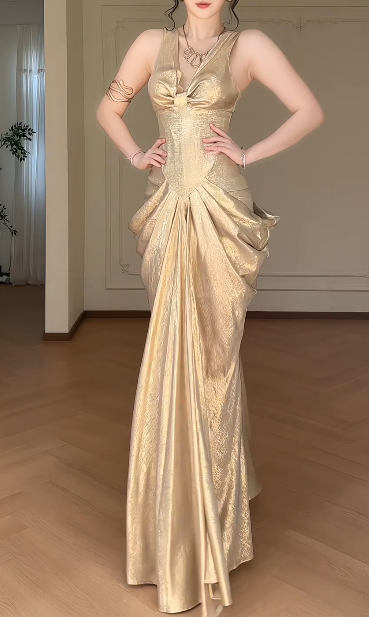 Champagne V Neck Mermaid Evening Gown, Sleeveless Bow Front Draped Metallic Satin Formal Dress fg8777