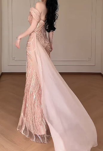 Off Shoulder Rose Gold Sequin Mermaid Evening Gown, High Slit Chiffon Train Formal Dress fg8783