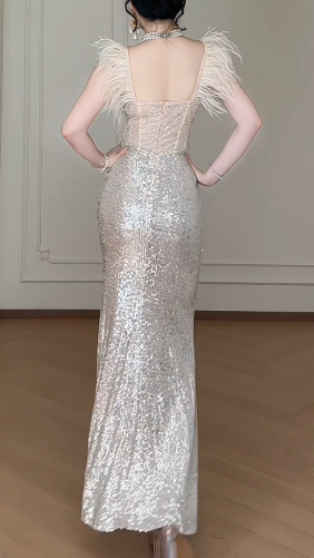 Off Shoulder Feather Sequin Mermaid Evening Gown fg8786