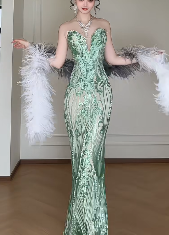 Sweetheart Neck Green Sequin Mesh Mermaid Evening Gown fg8799
