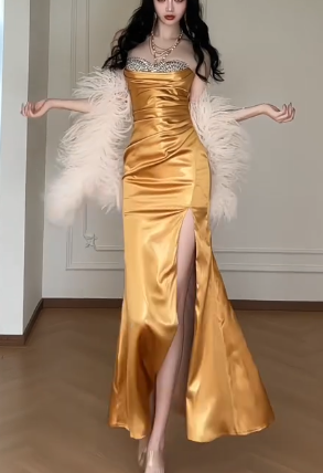 Strapless Gold Satin Beaded Slit Mermaid Evening Gown fg8801