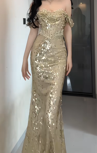 Off Shoulder Beaded Sequin Mermaid Evening Dress fg8805