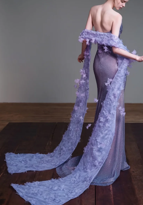 Strapless Draped Glitter Mermaid Evening Gown With 3D Floral Train fg8829