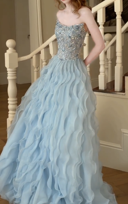 Strapless Beaded Ruffled Tulle A Line Prom Dress fg8841