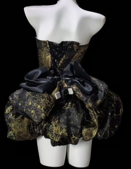 Strapless Bow Glitter Bubble Mini Homecoming Dress, Black Gold Short Party Gown fg8868