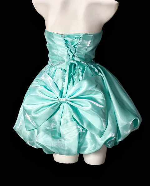 Strapless Bow Pearl 3D Floral Satin Short Bubble Party Dress fg8901