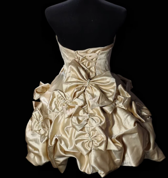 Strapless Bow Pearl Satin Short Puffy Party Dress fg8904