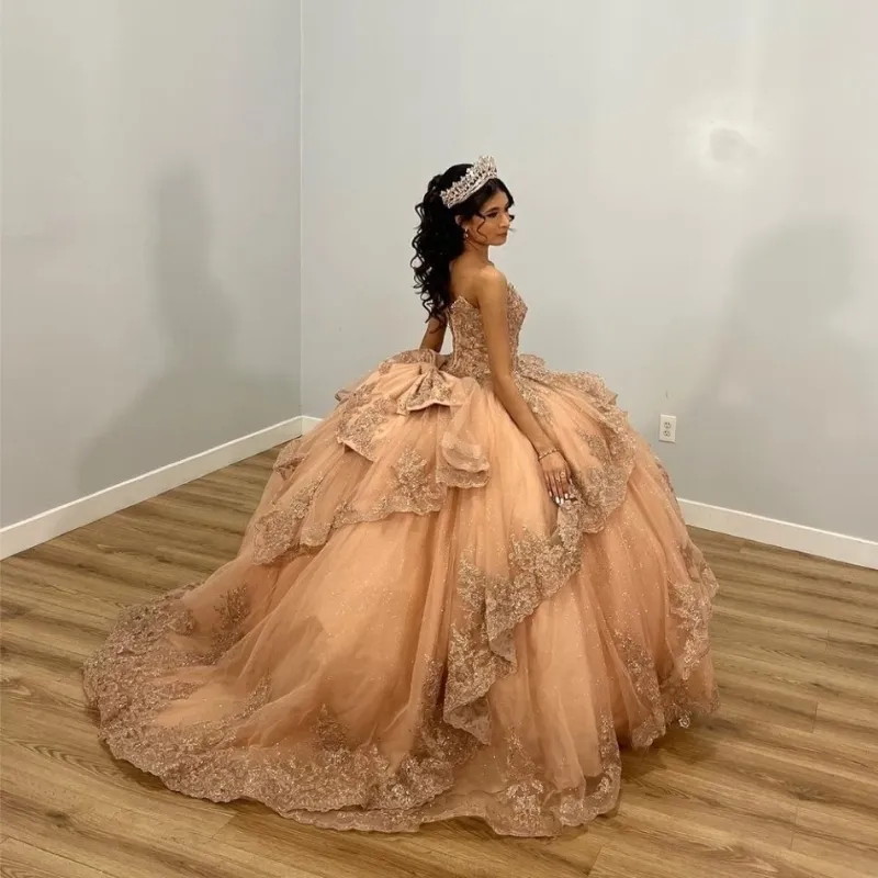 Champagne Shiny Off The Shoulder Ball Gown Quinceanera Dress Appliques Lace Beaded Birthday Party Gowns Sweet 16 vestidos fg5679